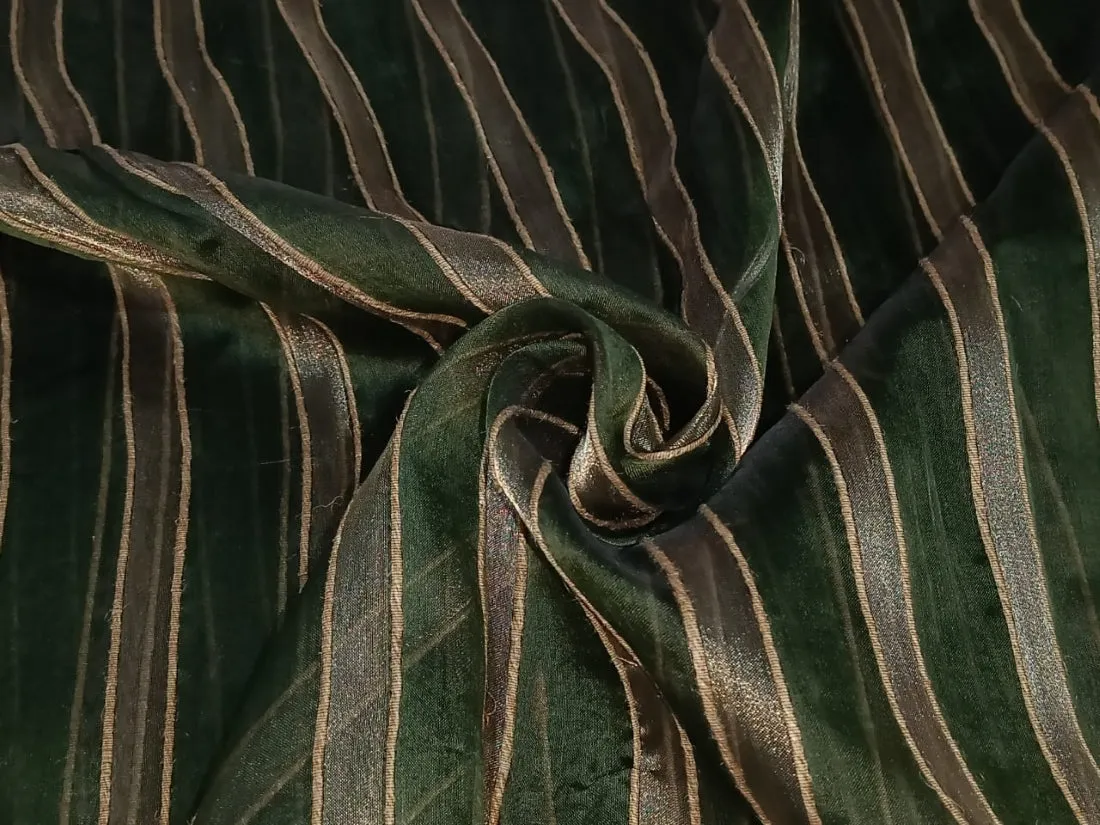 100% Silk mettalic tissue organza fabric dark green and gold with jute stripe design 44 INCHES WIDE[12141]