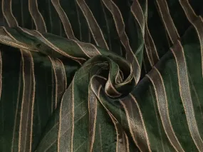 100% Silk mettalic tissue organza fabric dark green and gold with jute stripe design 44 INCHES WIDE[12141]