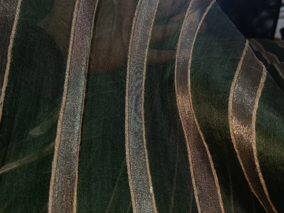 100% Silk mettalic tissue organza fabric dark green and gold with jute stripe design 44 INCHES WIDE[12141]