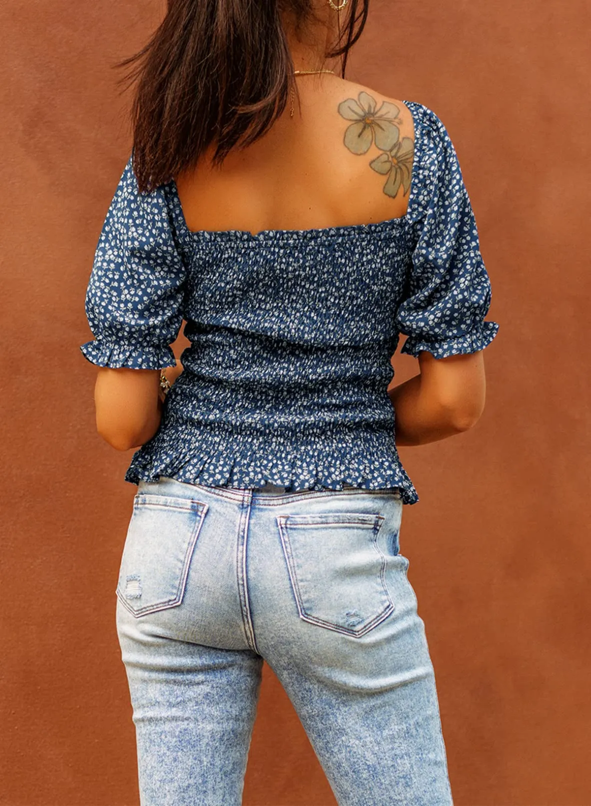 Apricot Long Sleeve Blouses for Women Puff Long Sleeve Square Neck Tops Off The Shoulder Floral - EVALESS