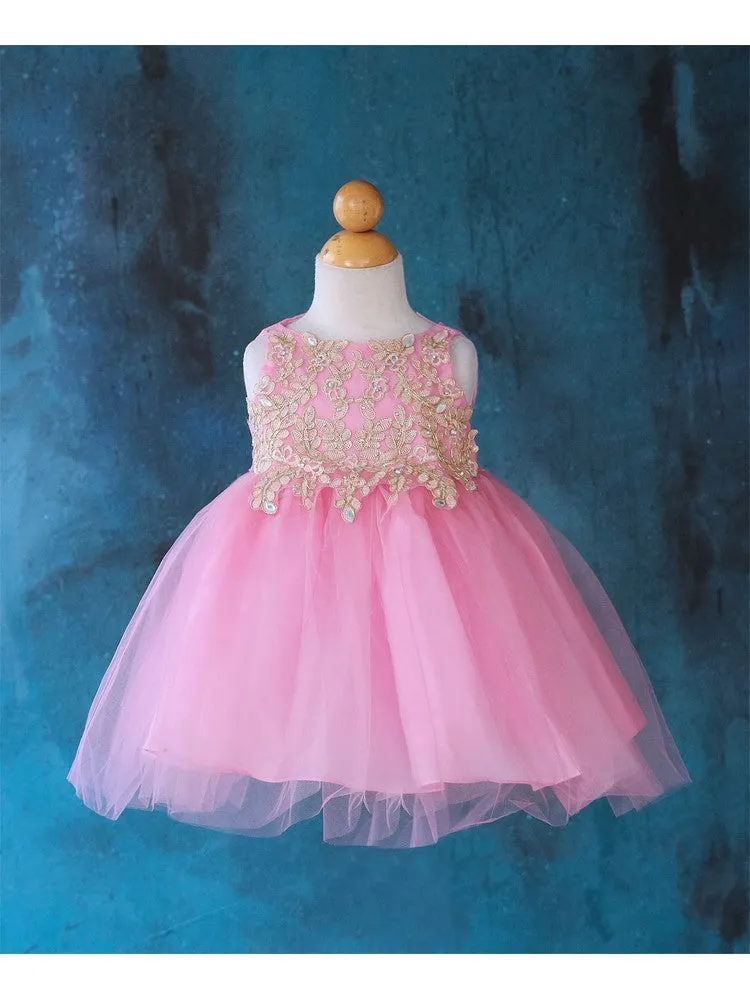 Baby Girls Multi Color Gold Lace Embroidered Tulle Flower Girl Dress 6-24M
