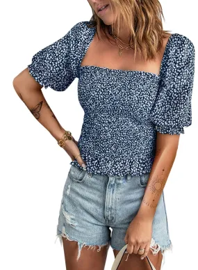 Blue Blouses for Women Puff Long Sleeve Square Neck Tops Off The Shoulder Floral - EVALESS