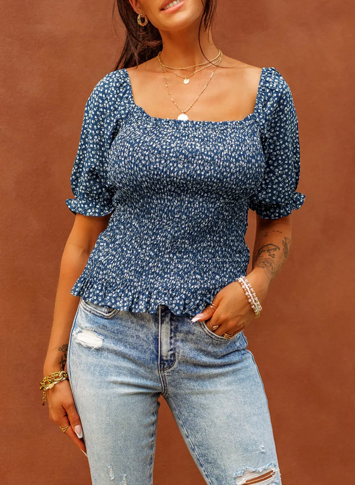 Blue Blouses for Women Puff Long Sleeve Square Neck Tops Off The Shoulder Floral - EVALESS