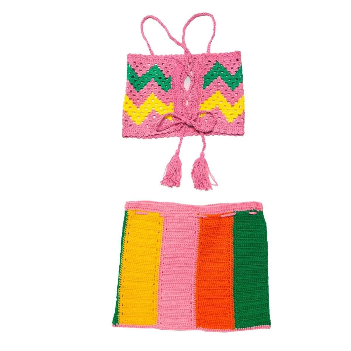 COLOR BLOCK CROCHET TOP AND SKIRT SET