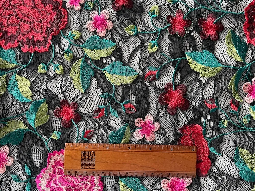 Couture Scalloped Passionate Flamingo Embroidered Viscose Lace Fabric (Made in Italy)