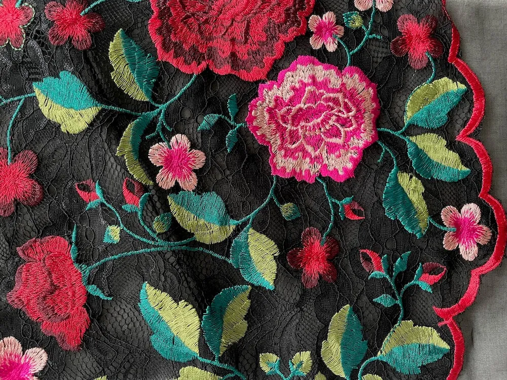 Couture Scalloped Passionate Flamingo Embroidered Viscose Lace Fabric (Made in Italy)