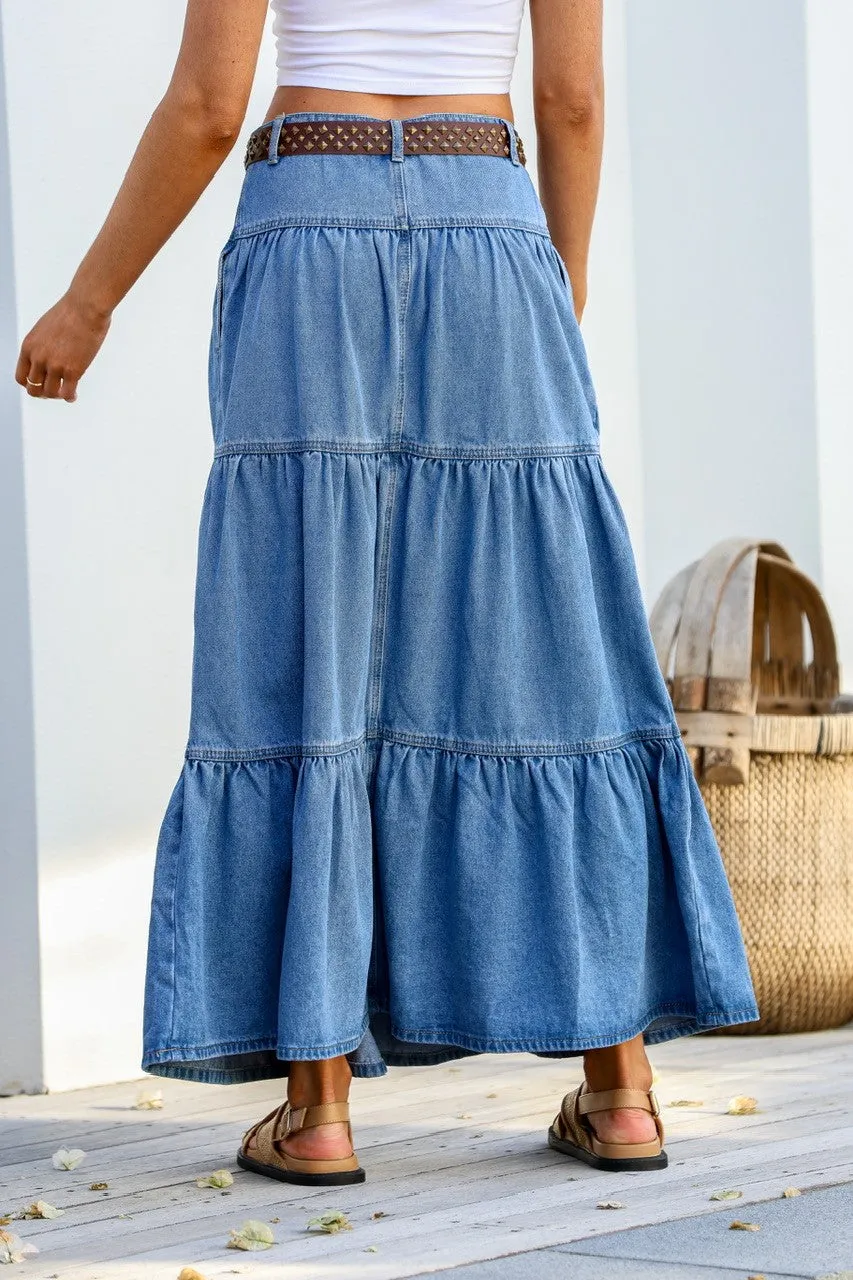 Denim Zip Front Tier Maxi Skirt