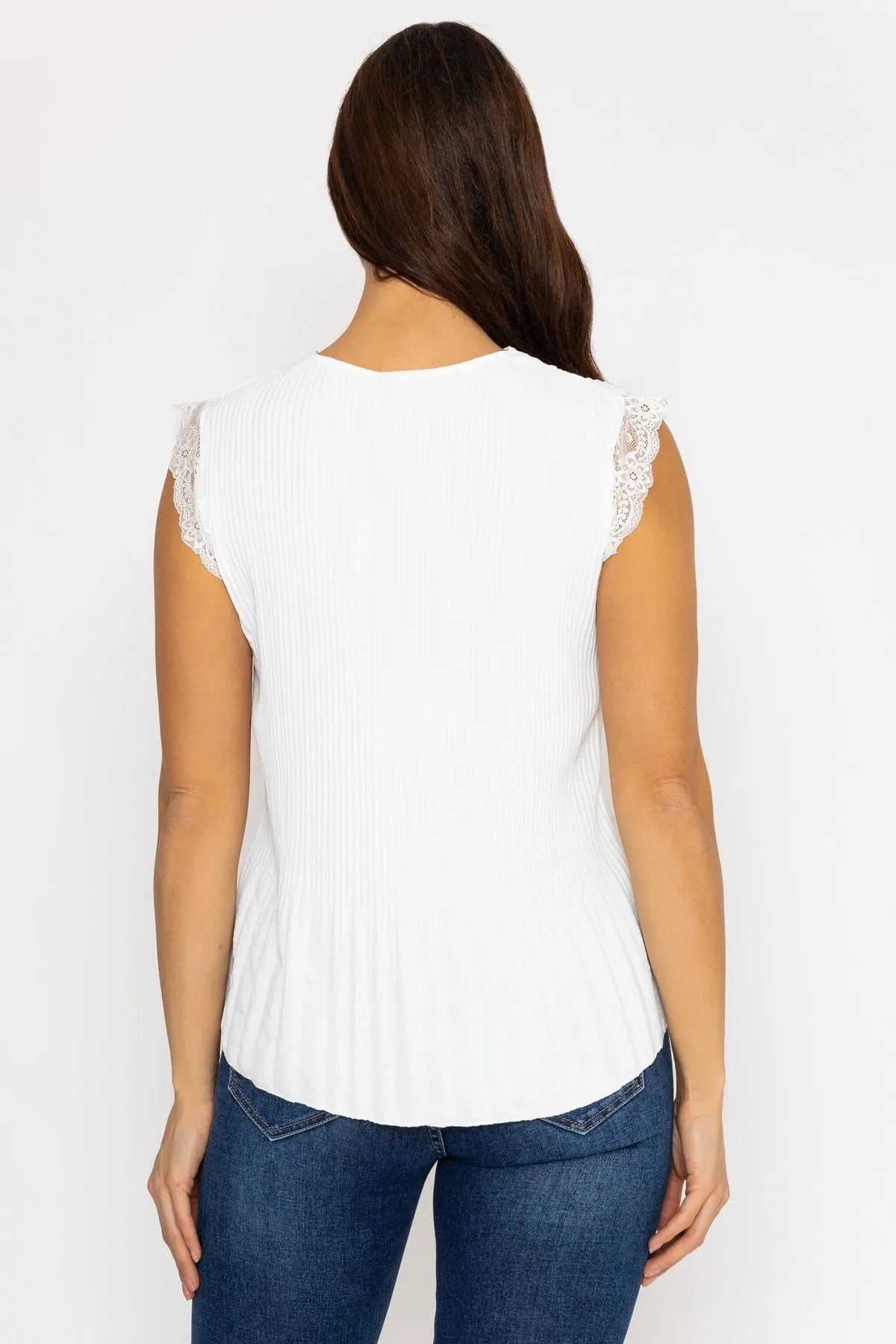 Ecru Sleeveless Lace Trim Pleat Top