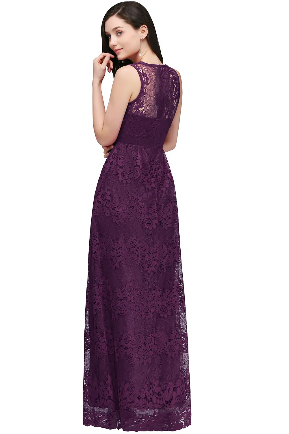 Elegant Long A Line Lace V Neck Sleveless Floor Length Evening Dress