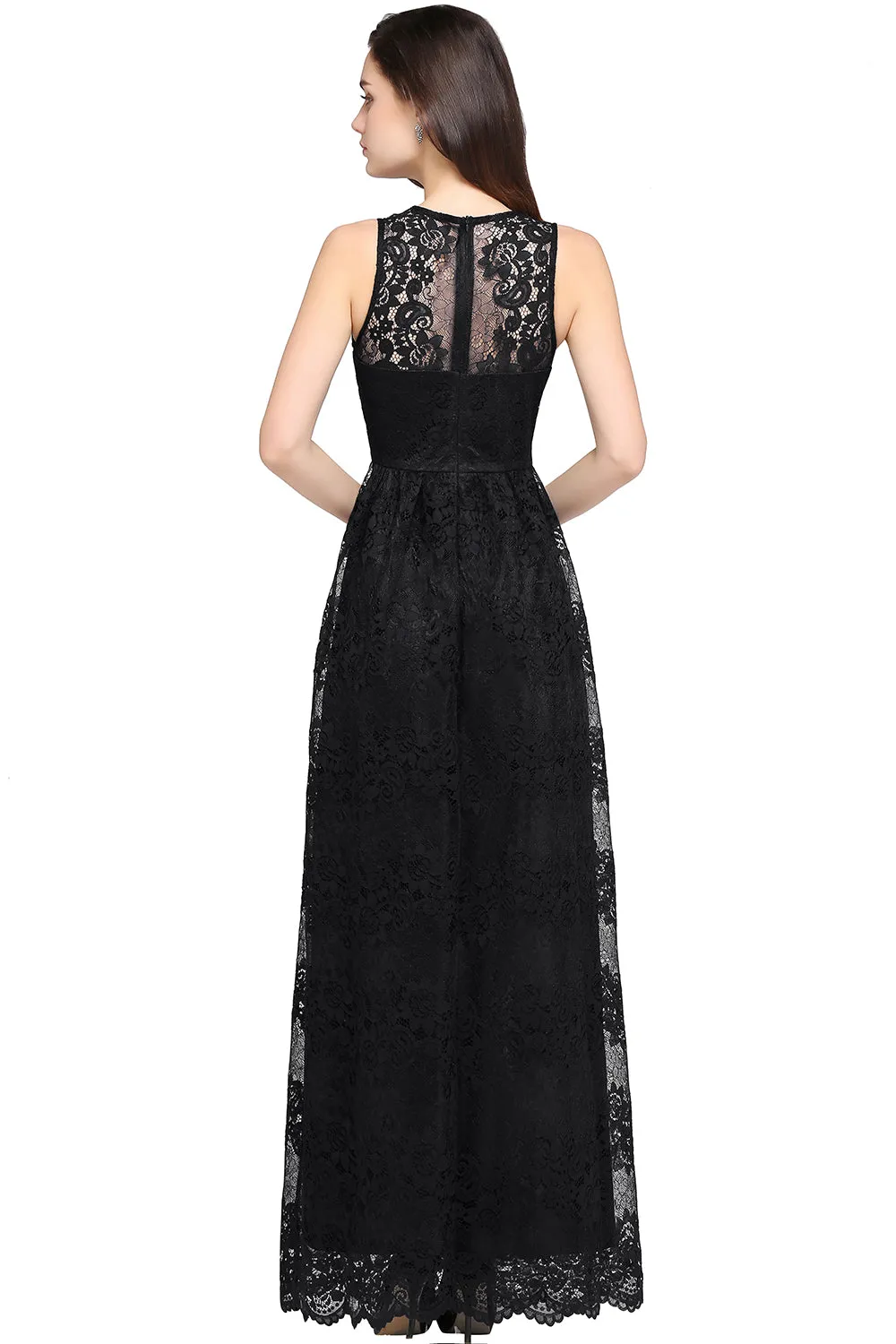 Elegant Long A Line Lace V Neck Sleveless Floor Length Evening Dress
