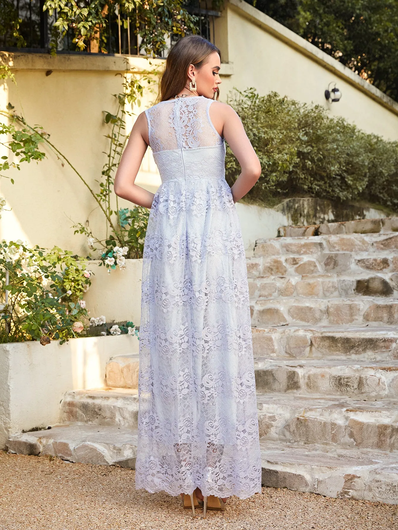 Elegant Long A Line Lace V Neck Sleveless Floor Length Evening Dress