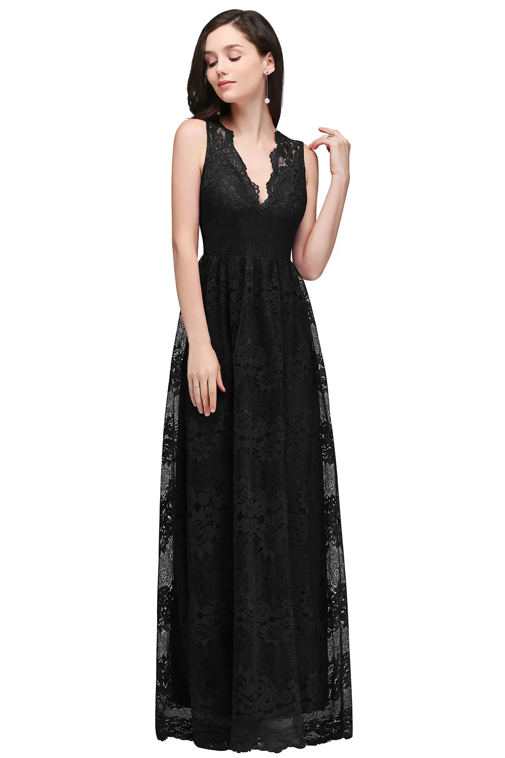 Elegant Long A Line Lace V Neck Sleveless Floor Length Evening Dress