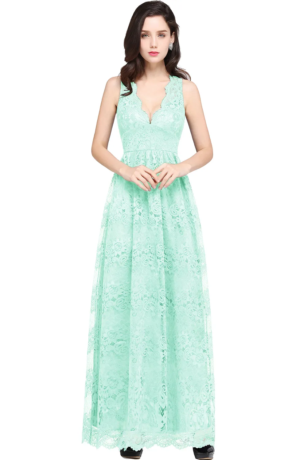 Elegant Long A Line Lace V Neck Sleveless Floor Length Evening Dress
