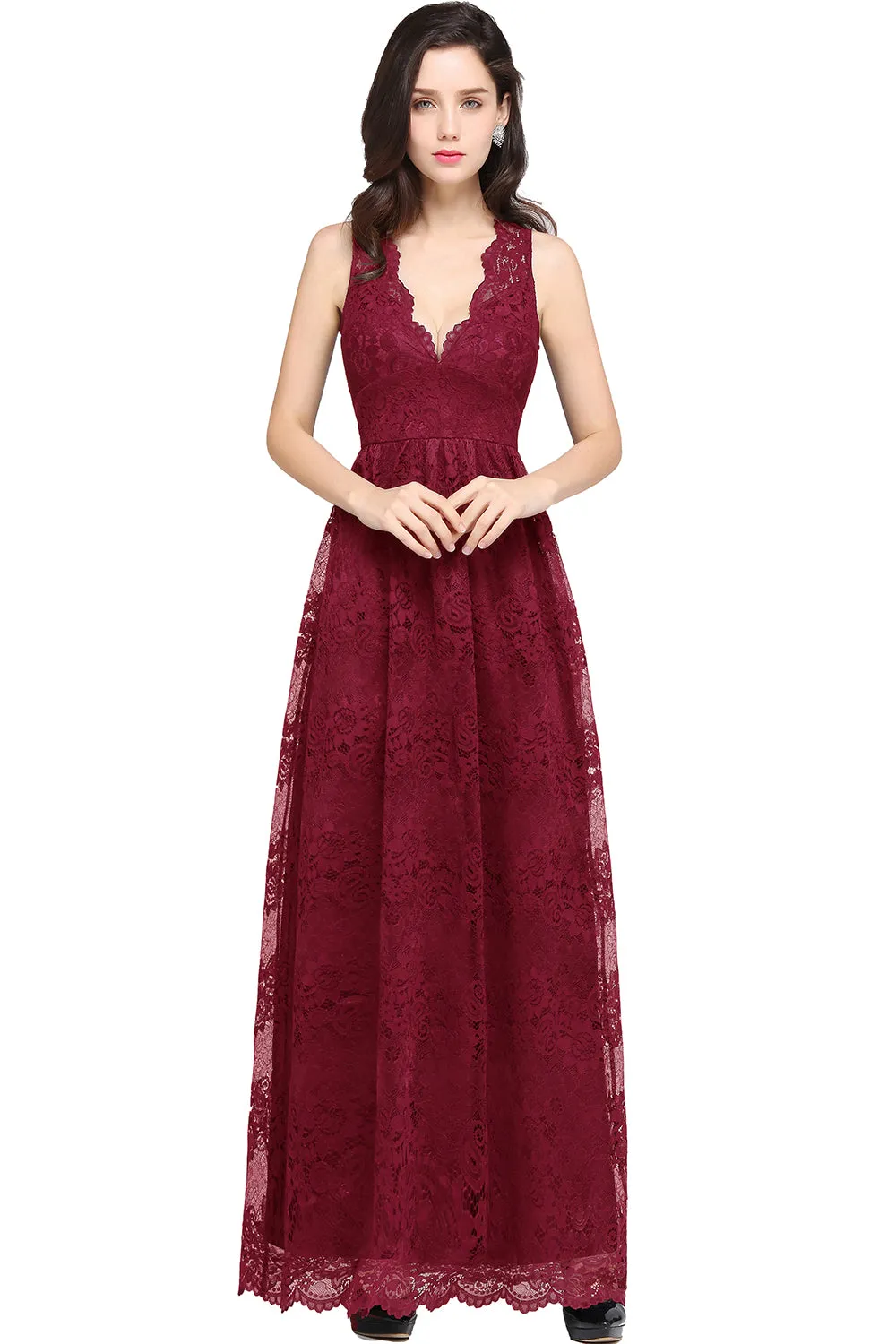 Elegant Long A Line Lace V Neck Sleveless Floor Length Evening Dress