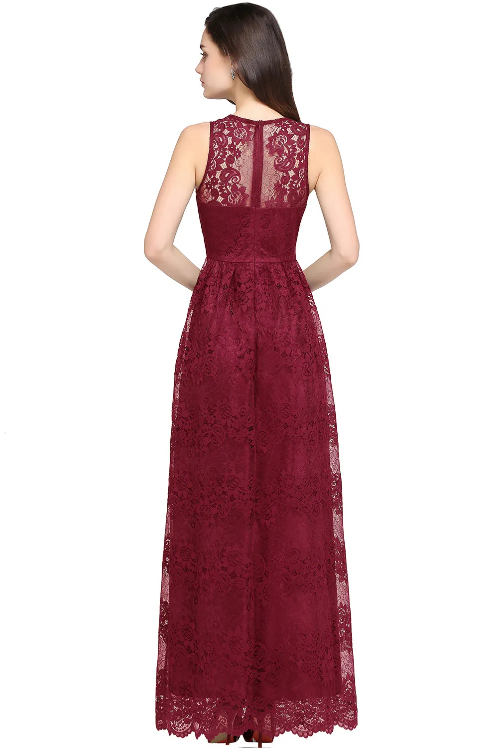 Elegant Long A Line Lace V Neck Sleveless Floor Length Evening Dress