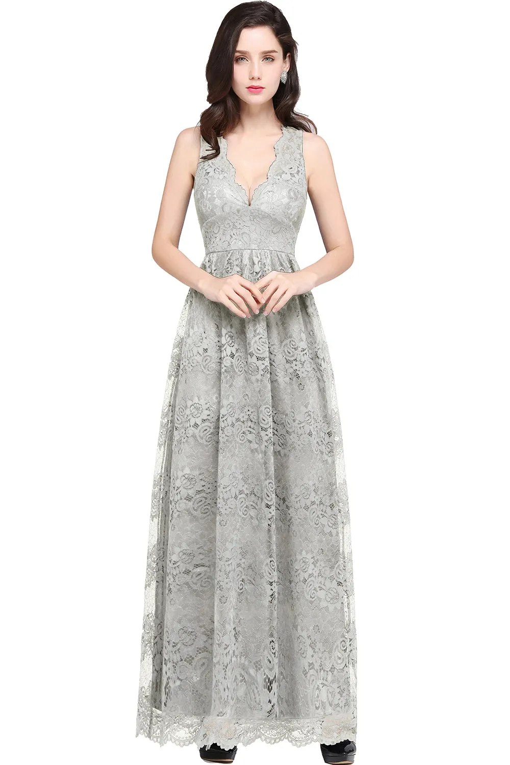 Elegant Long A Line Lace V Neck Sleveless Floor Length Evening Dress