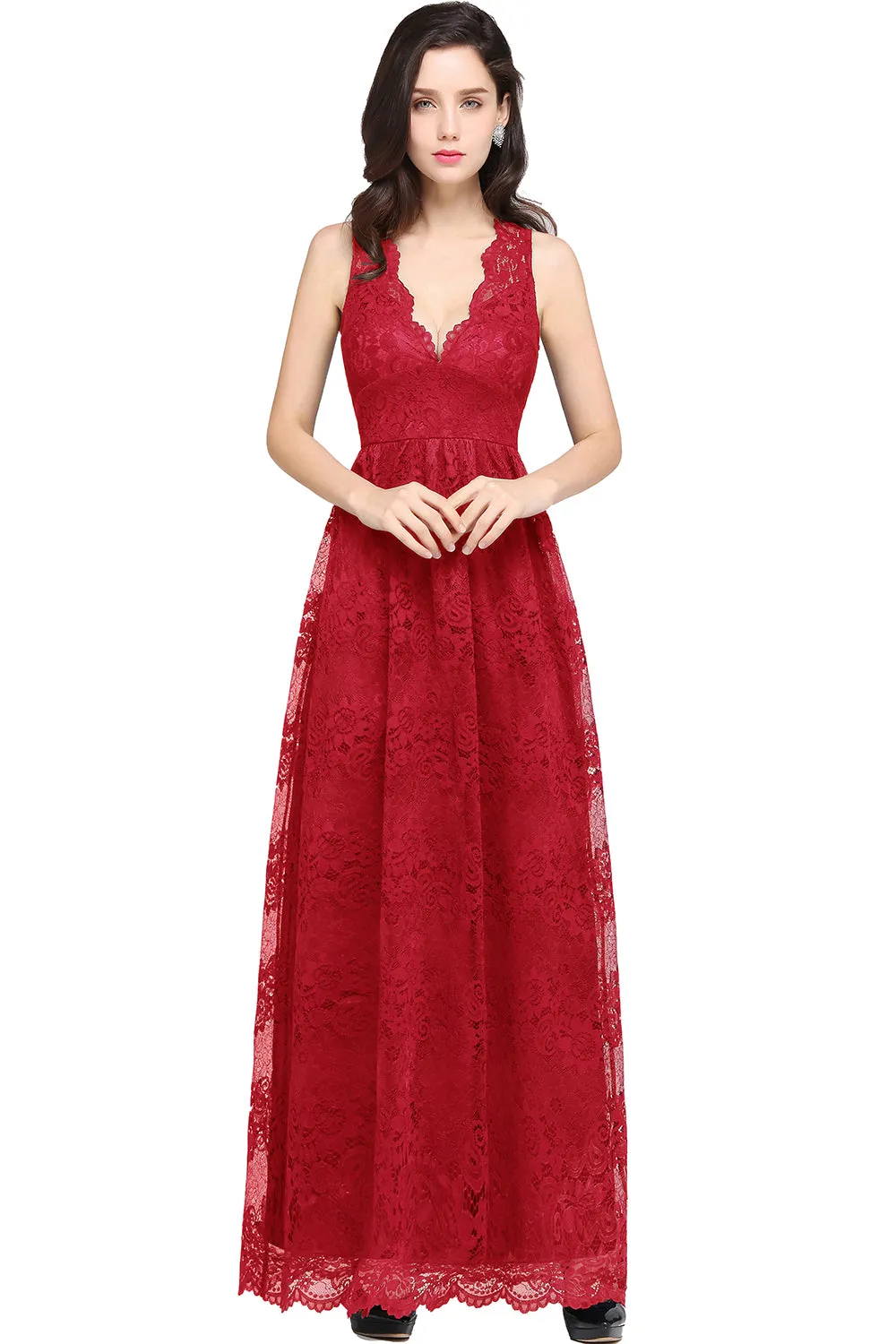 Elegant Long A Line Lace V Neck Sleveless Floor Length Evening Dress