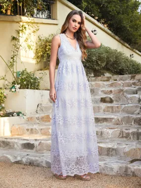 Elegant Long A Line Lace V Neck Sleveless Floor Length Evening Dress