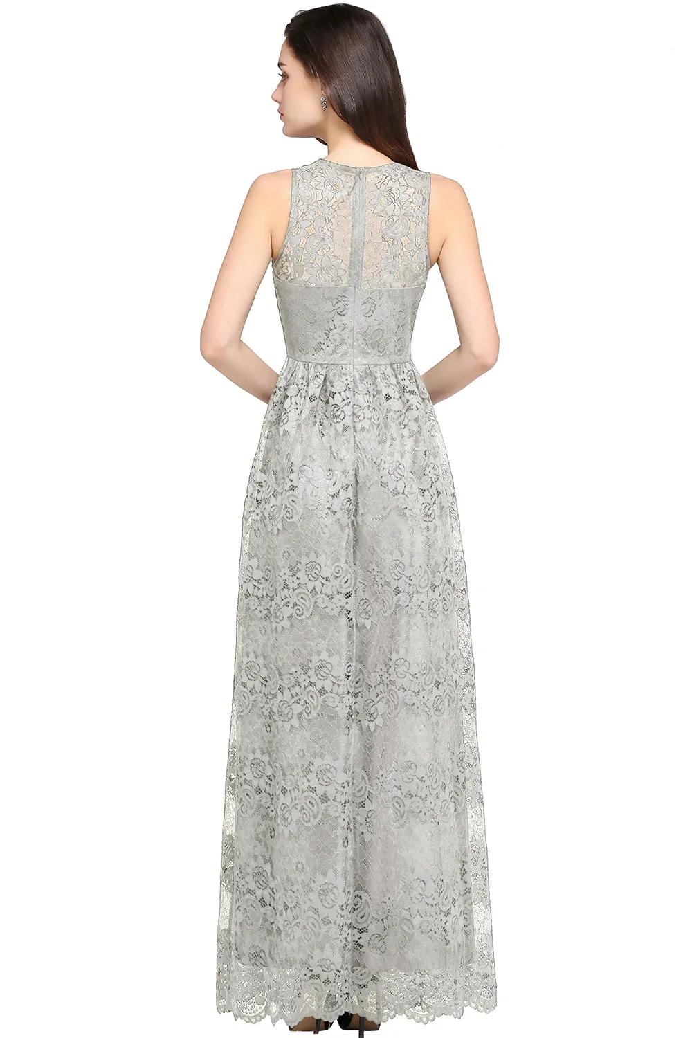 Elegant Long A Line Lace V Neck Sleveless Floor Length Evening Dress