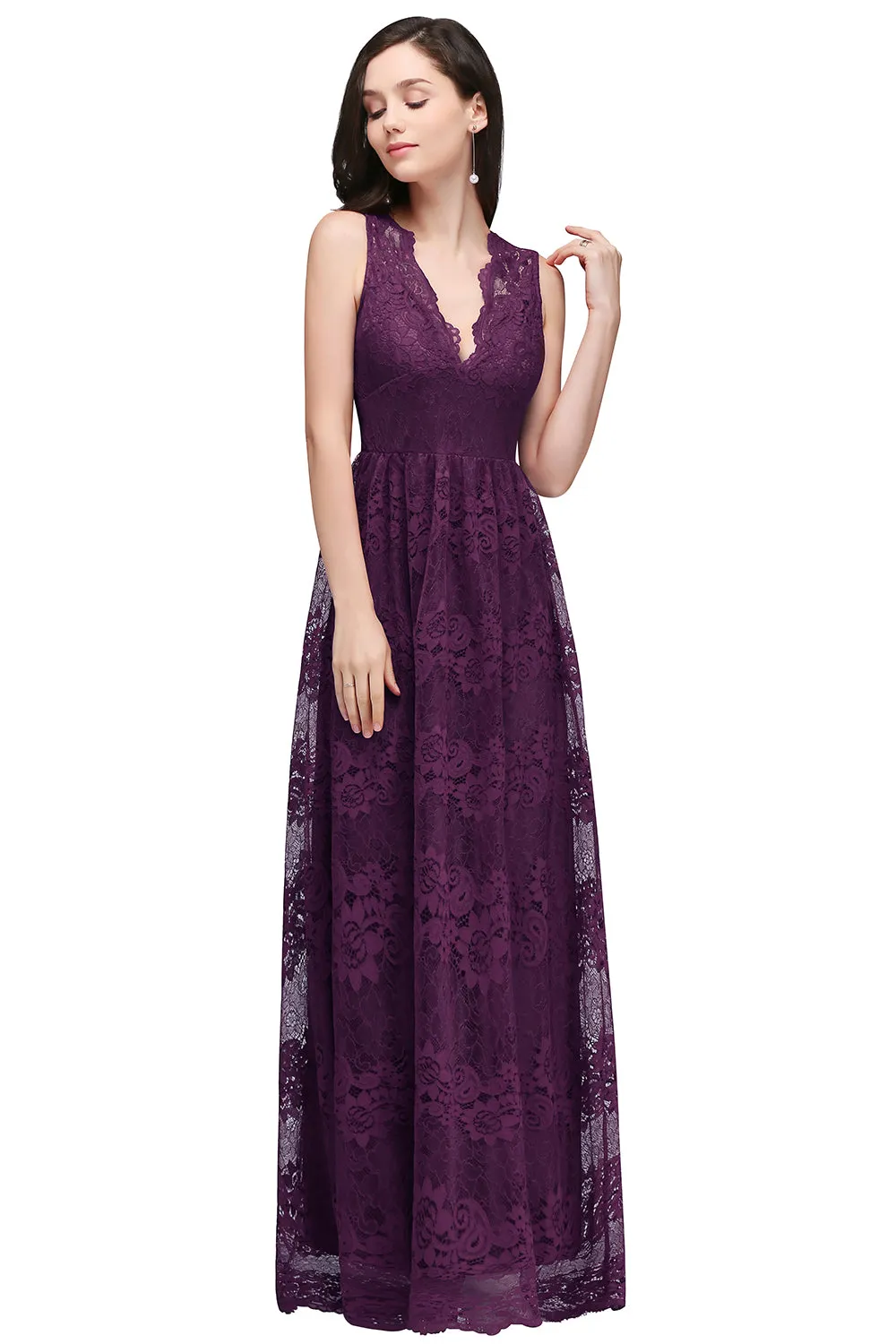 Elegant Long A Line Lace V Neck Sleveless Floor Length Evening Dress