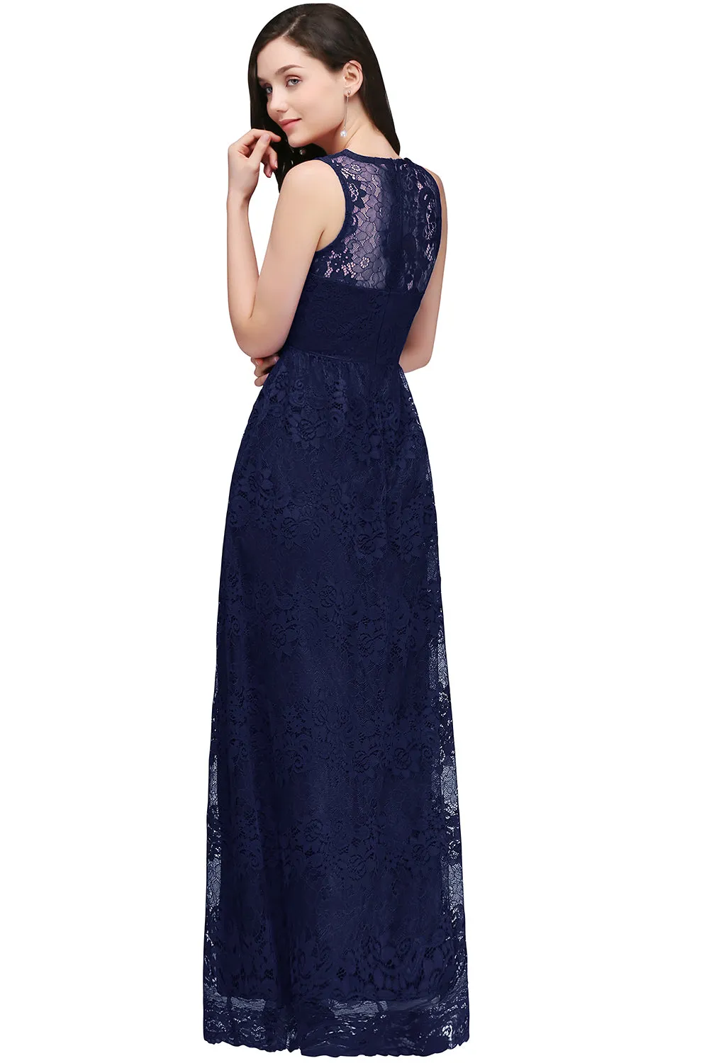 Elegant Long A Line Lace V Neck Sleveless Floor Length Evening Dress