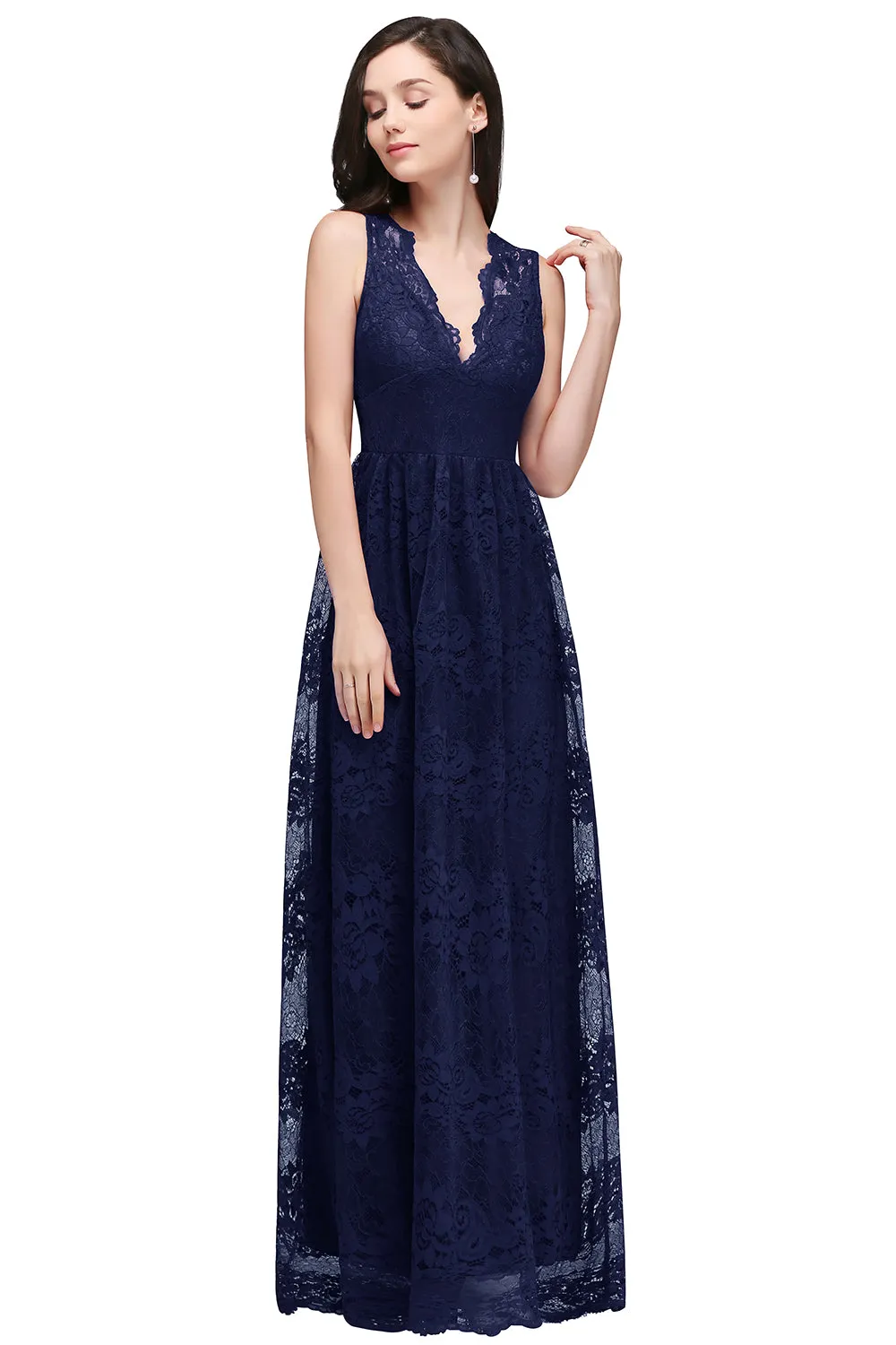 Elegant Long A Line Lace V Neck Sleveless Floor Length Evening Dress