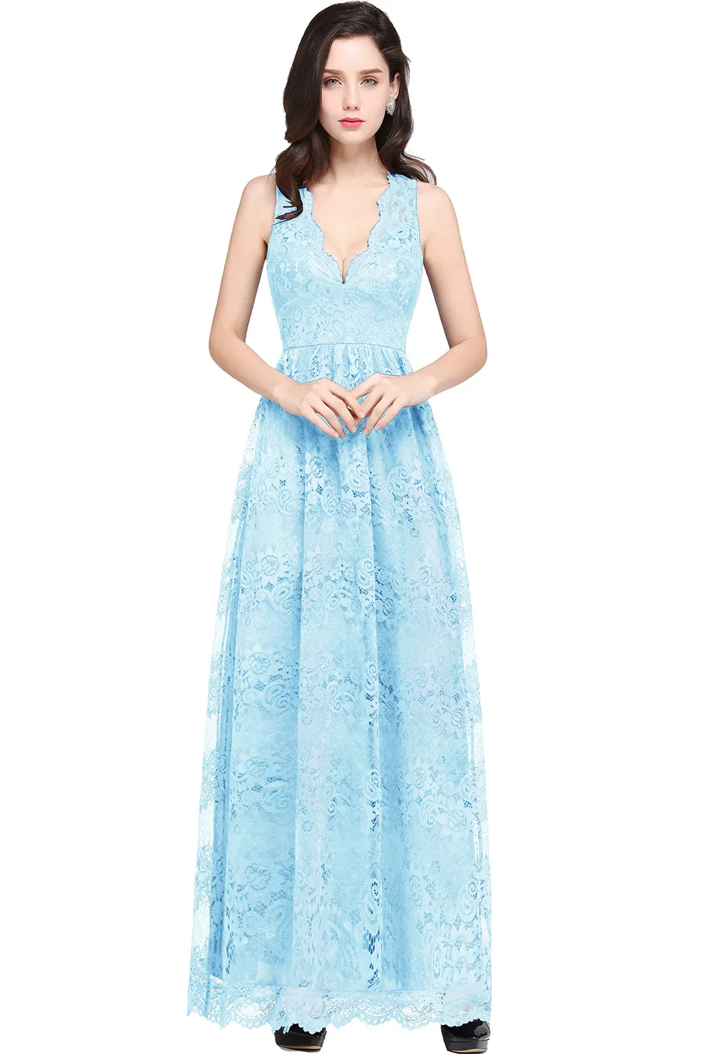 Elegant Long A Line Lace V Neck Sleveless Floor Length Evening Dress