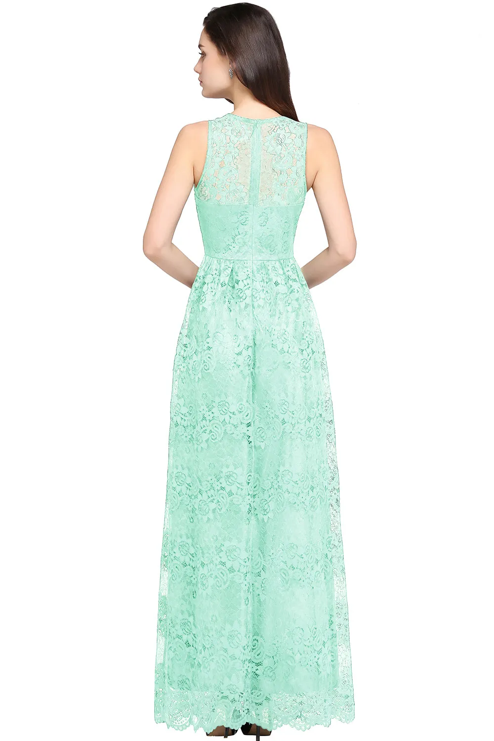 Elegant Long A Line Lace V Neck Sleveless Floor Length Evening Dress
