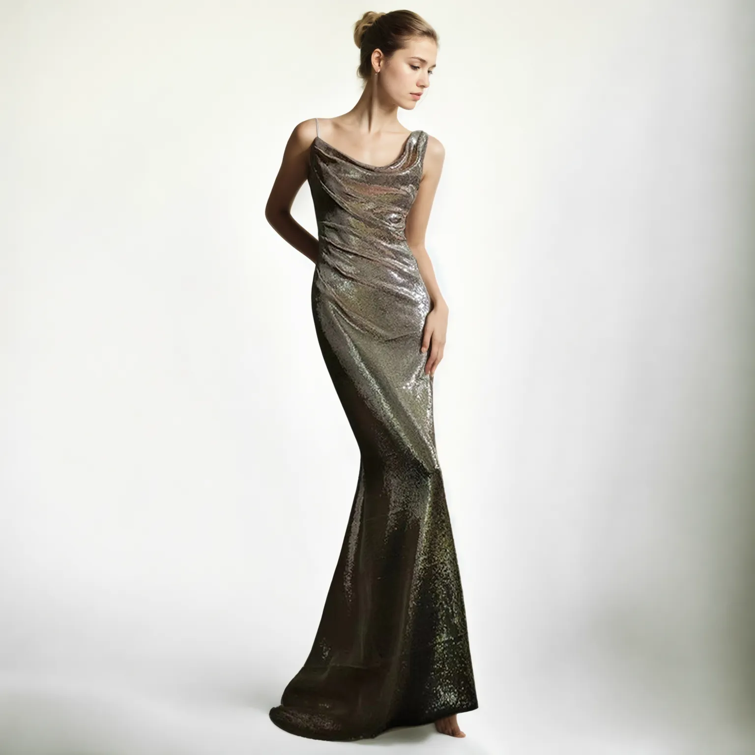 Golden Glamour: Elegant Sequined Fishtail Evening Dress