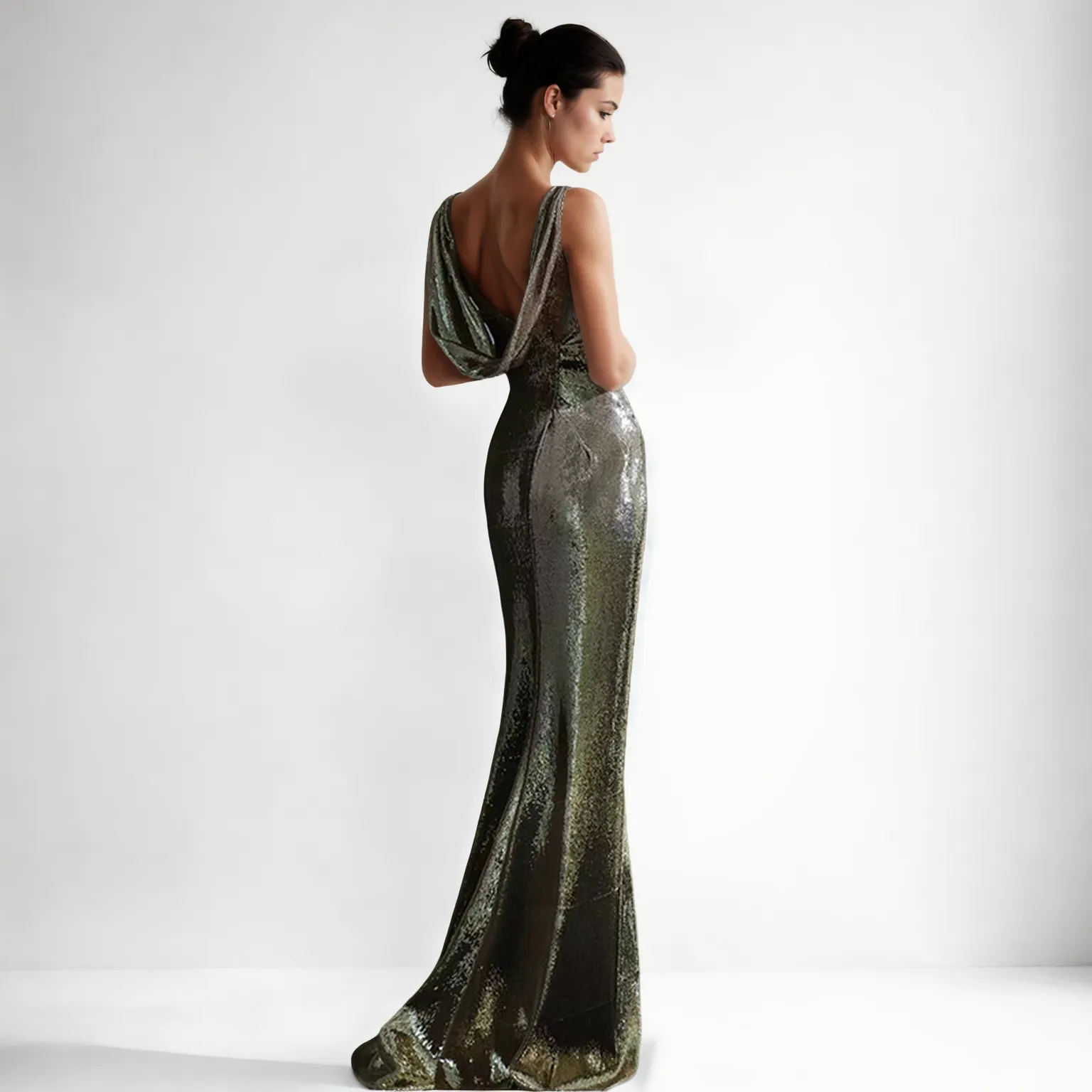 Golden Glamour: Elegant Sequined Fishtail Evening Dress