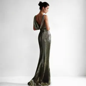 Golden Glamour: Elegant Sequined Fishtail Evening Dress
