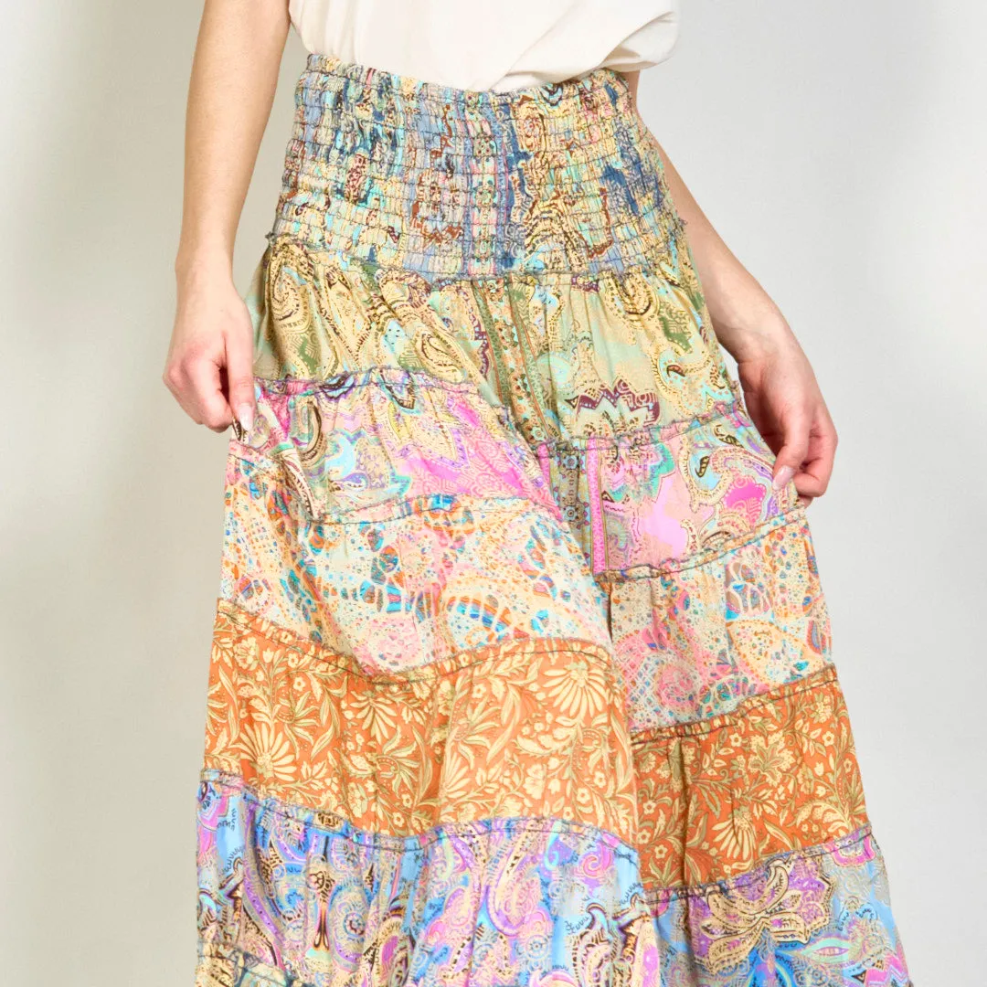 Patchwork bohemian smocked maxi skirt wholesale