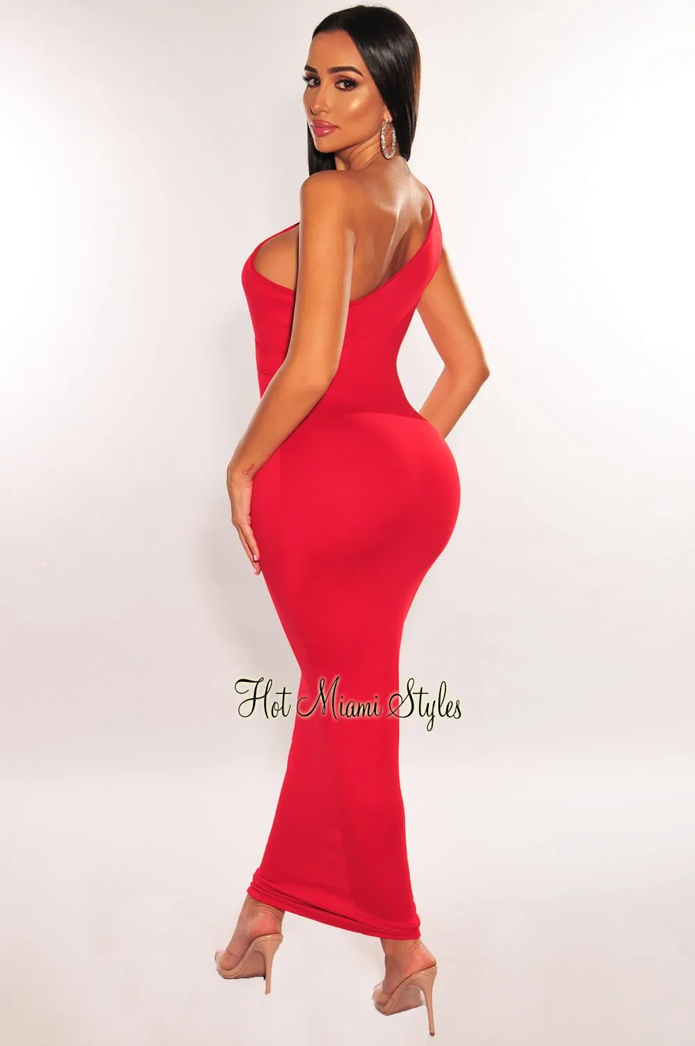 Red One Shoulder Cut Out Midi Dress