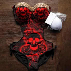 Red Thunder Skull Rose Luxury Cut Out One Pice Swimsuit