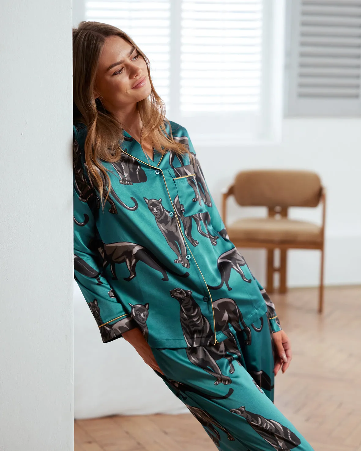 Satin Jaguar Print Long Pyjama Set - Teal
