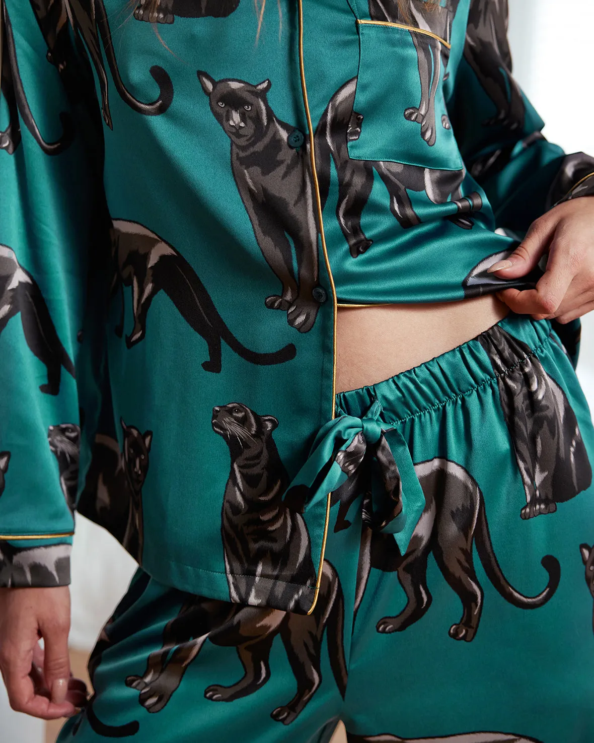 Satin Jaguar Print Long Pyjama Set - Teal