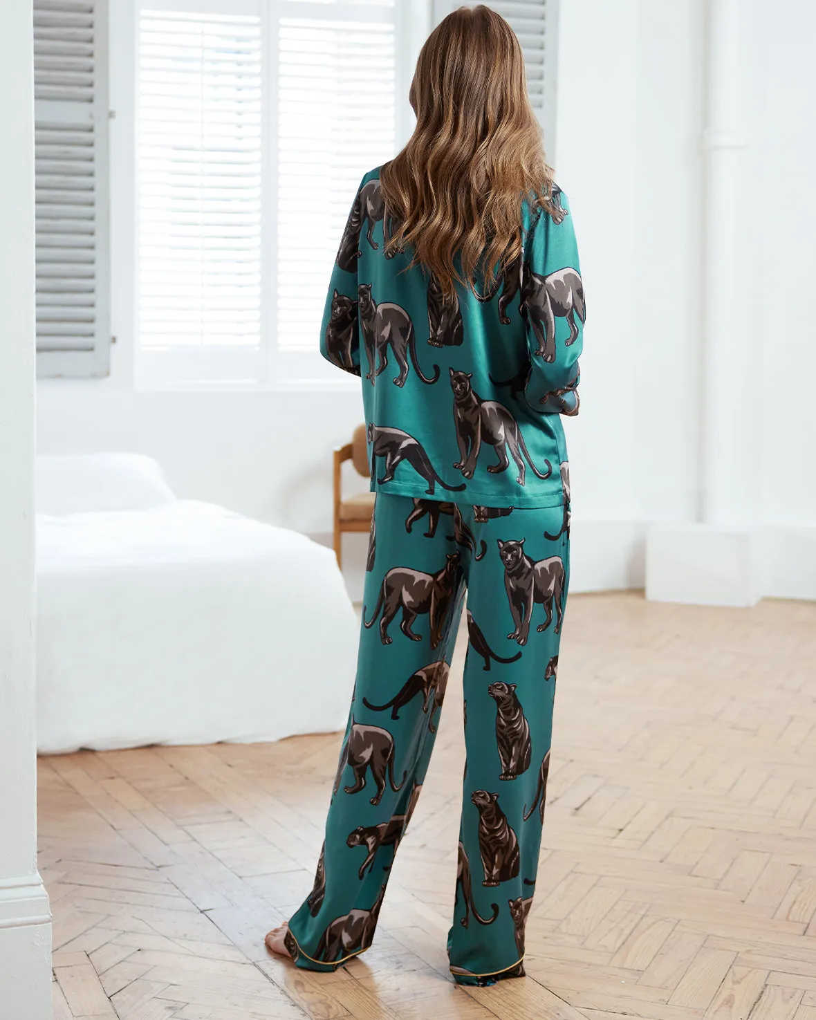 Satin Jaguar Print Long Pyjama Set - Teal