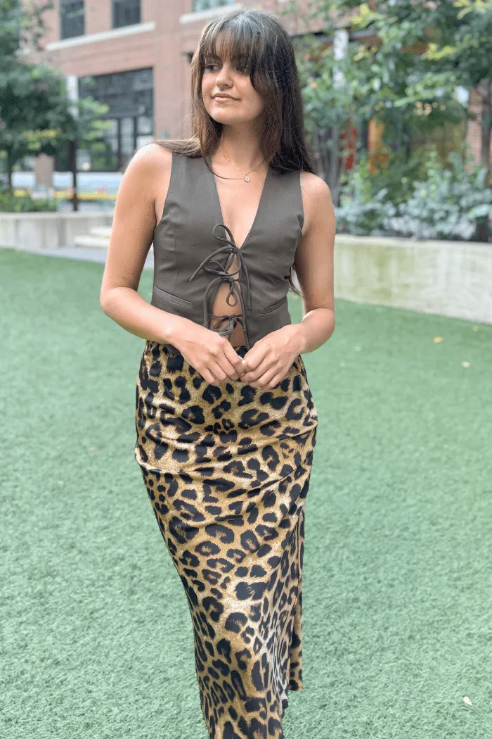 Satin Leopard Midi Skirt