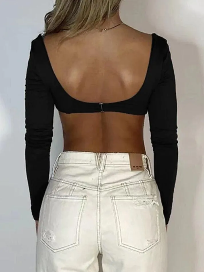 Solid U Neck Backless Ultra Short Long Sleeve Tee