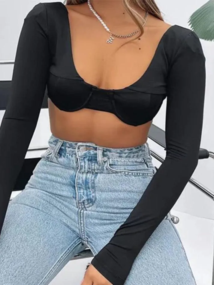Solid U Neck Backless Ultra Short Long Sleeve Tee