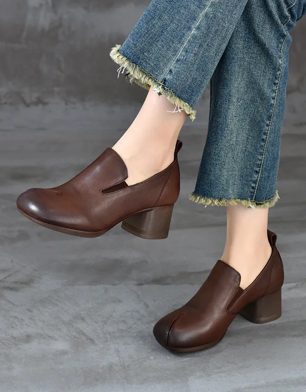 Spring Comfortable Leather Elegant Chunky Heels Shoes