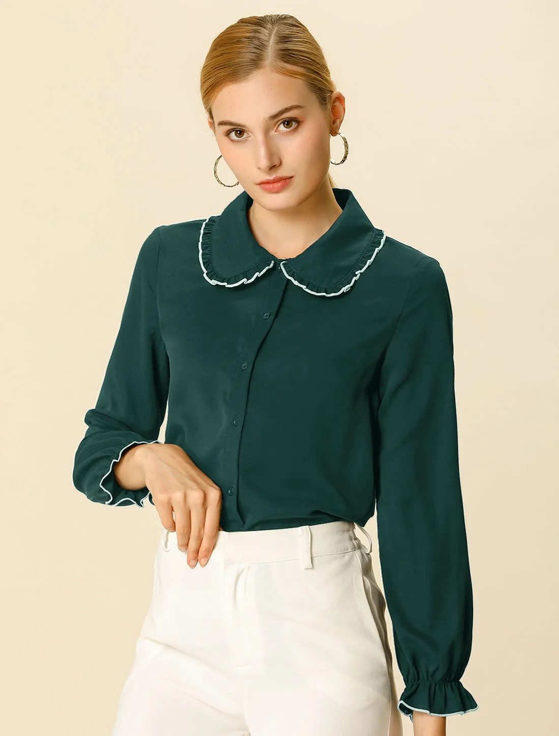 Sweet Ruffle Peter Pan Collar Long Sleeve Button Up Shirt