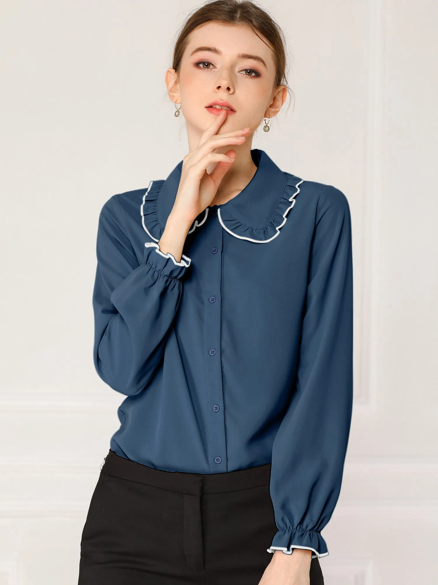 Sweet Ruffle Peter Pan Collar Long Sleeve Button Up Shirt