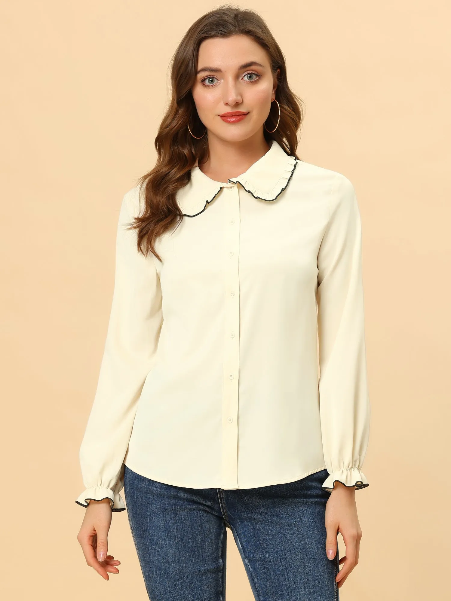 Sweet Ruffle Peter Pan Collar Long Sleeve Button Up Shirt