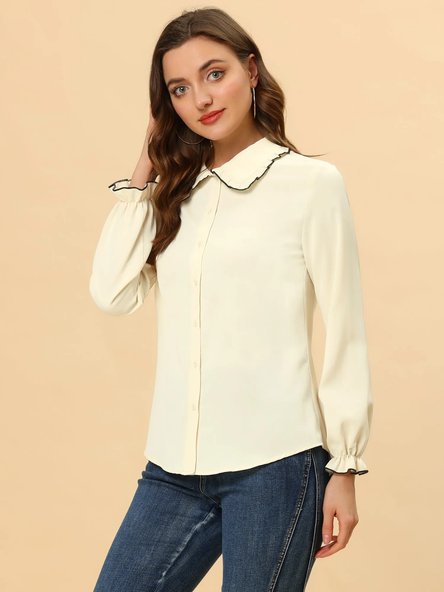 Sweet Ruffle Peter Pan Collar Long Sleeve Button Up Shirt