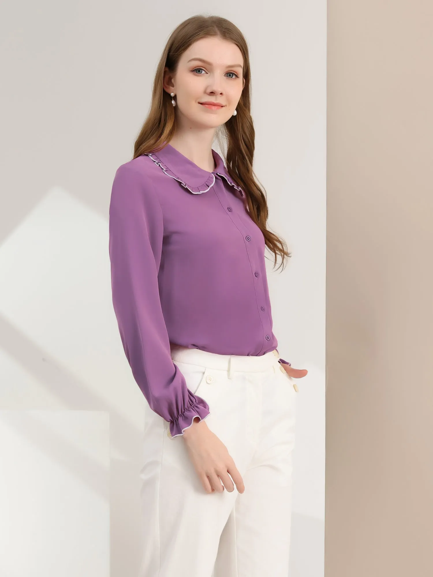 Sweet Ruffle Peter Pan Collar Long Sleeve Button Up Shirt