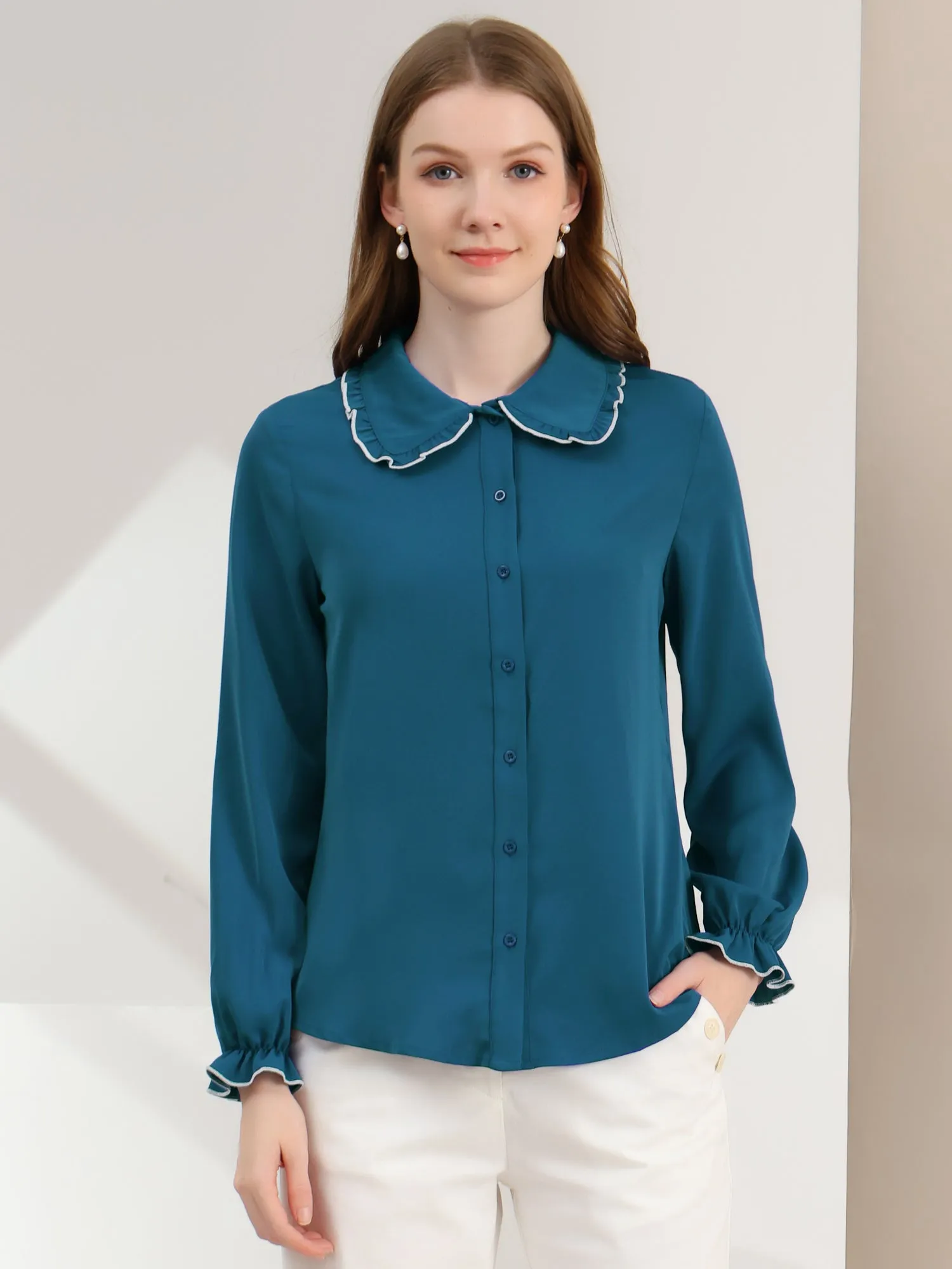 Sweet Ruffle Peter Pan Collar Long Sleeve Button Up Shirt