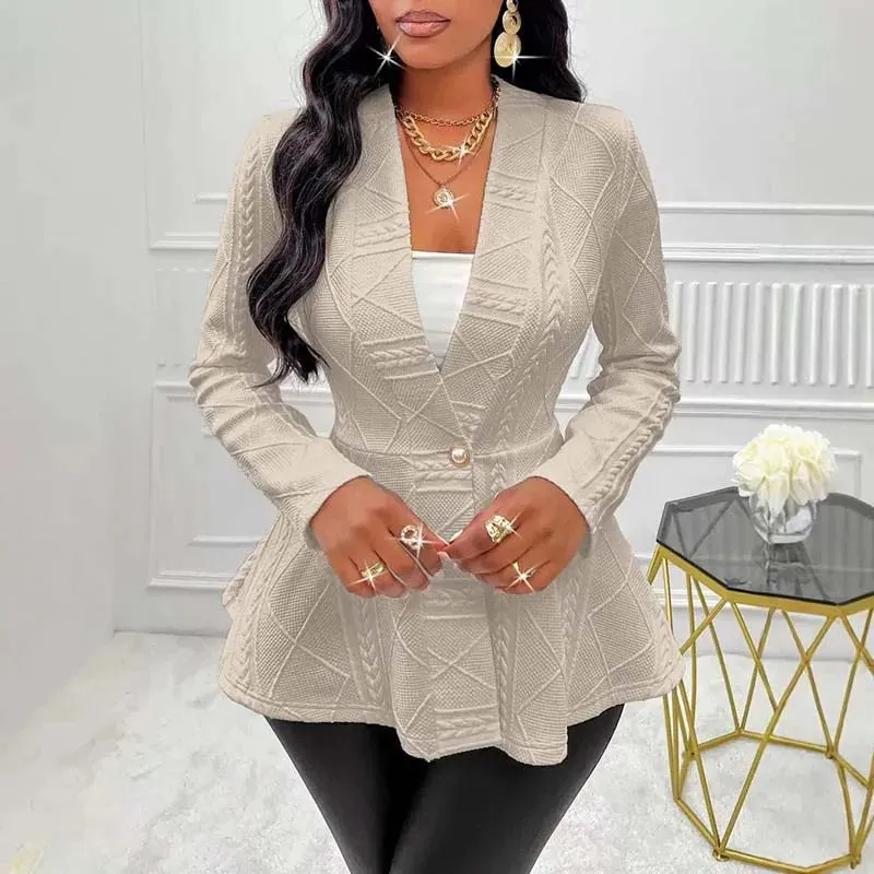V-neck Ruffled Long-sleeved Coat Women Suit Elegant Office Lady Cardigan Light Khaki Slim Fit Jacks Tops Spring Autumn New