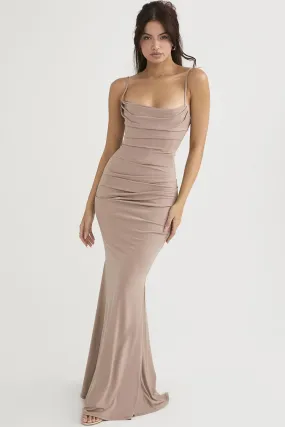 Vintage Square Neck Ruched Corset Fishtail Evening Maxi Dress - Khaki