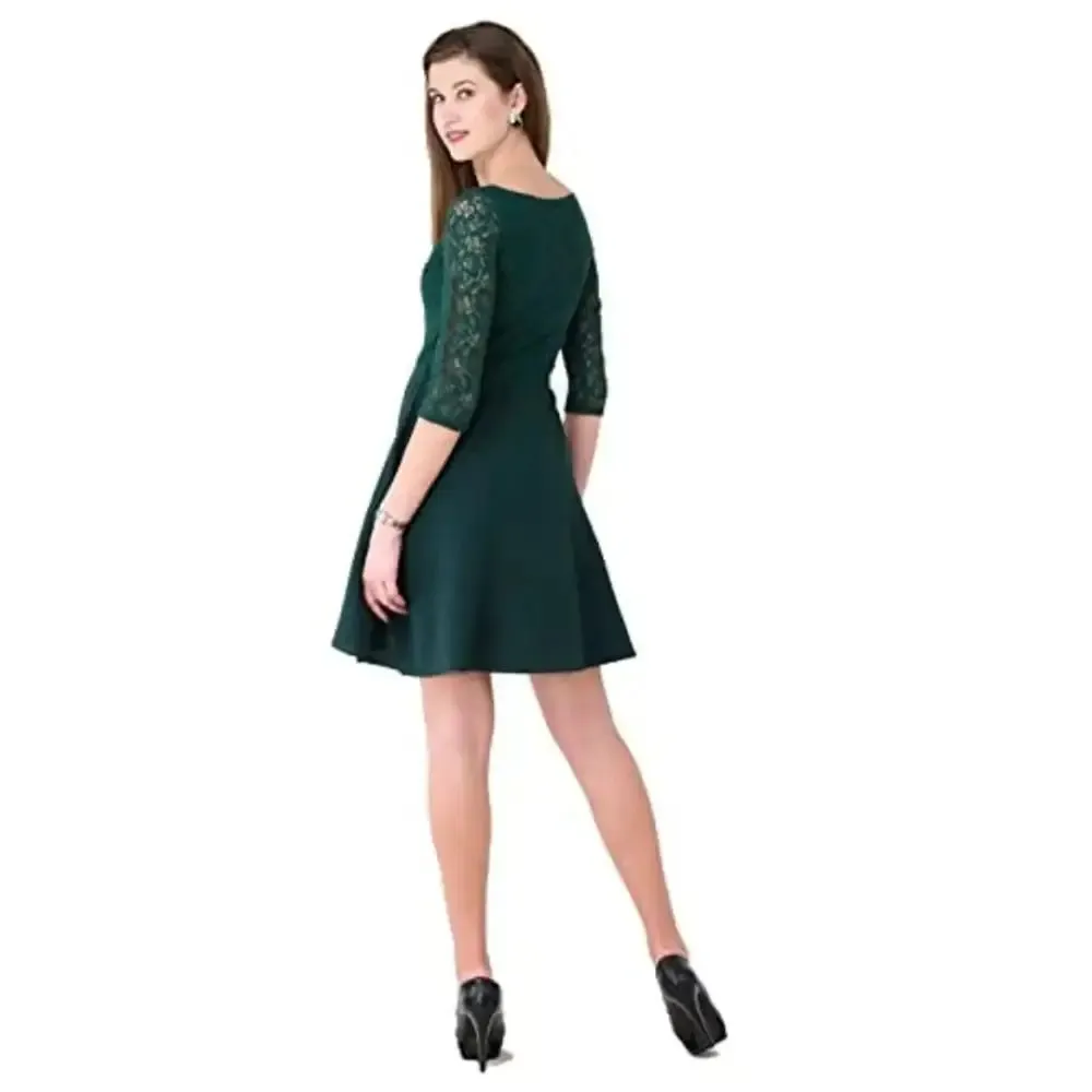 VM Women's Sweetheart Neckline Fit Flare Empire Waist Lace Dress (Green, Small)